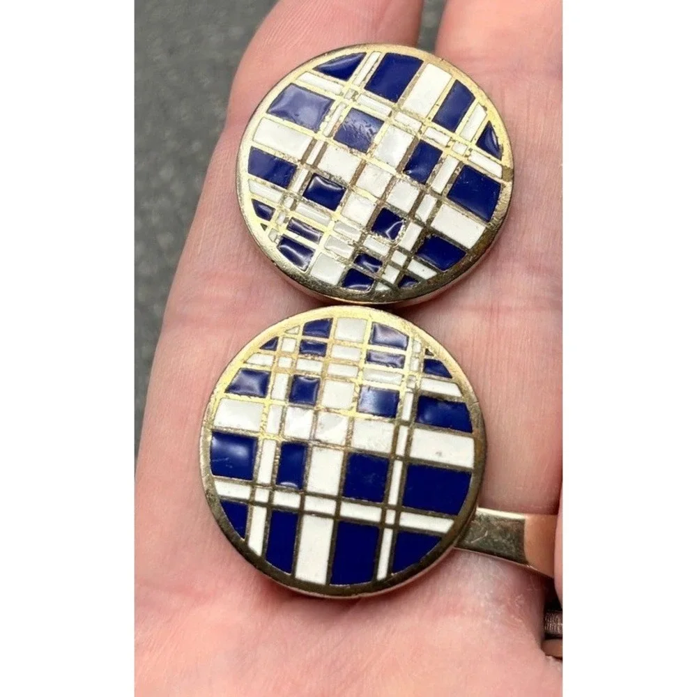 Vintage Gold Tone Blue Enamel Plaid Pattern Modernist MCM Enamel Cufflinks